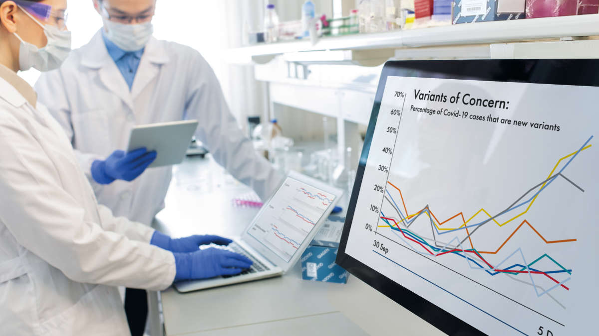 two scientists in a laboratory working on computer screens